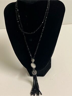 Vintage Black Beaded Tassel Necklace with White Accent Stone